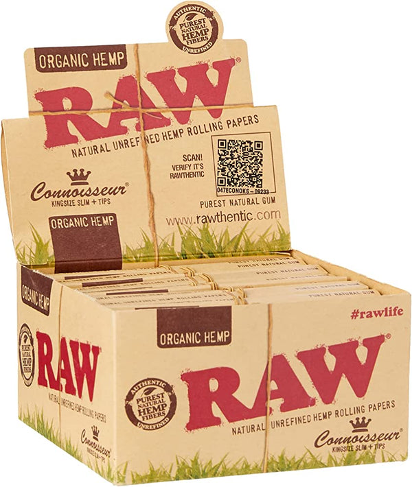 RAW Organic Hemp Kingsize Slim + Tips Connoisseur Rolling Paper